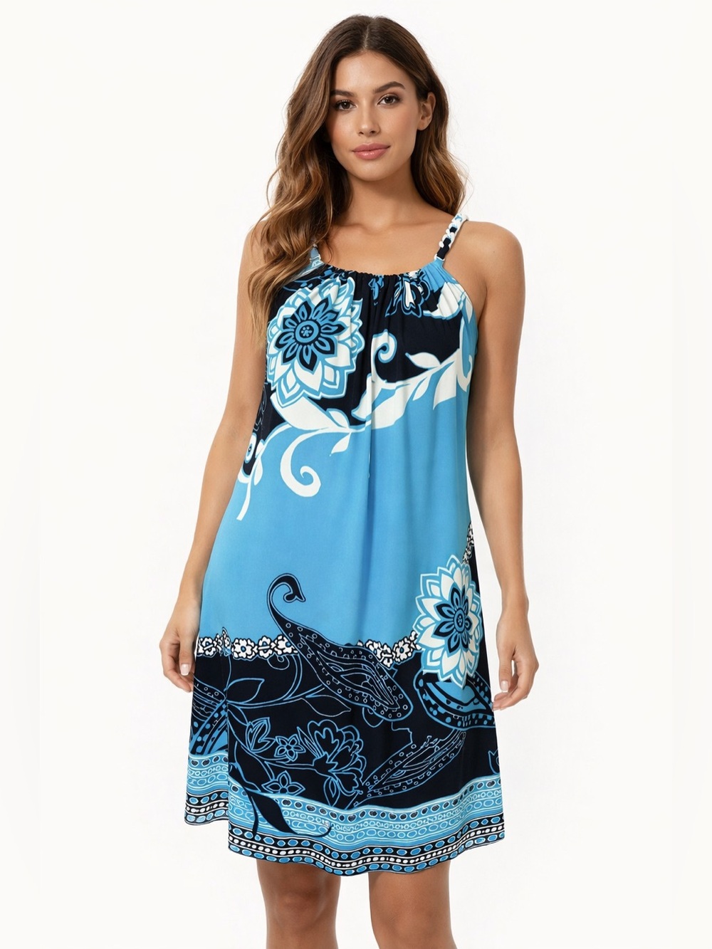 Muse Womens Pucci Inspired Mini Dress in Aqua/Black Floral Sz 4